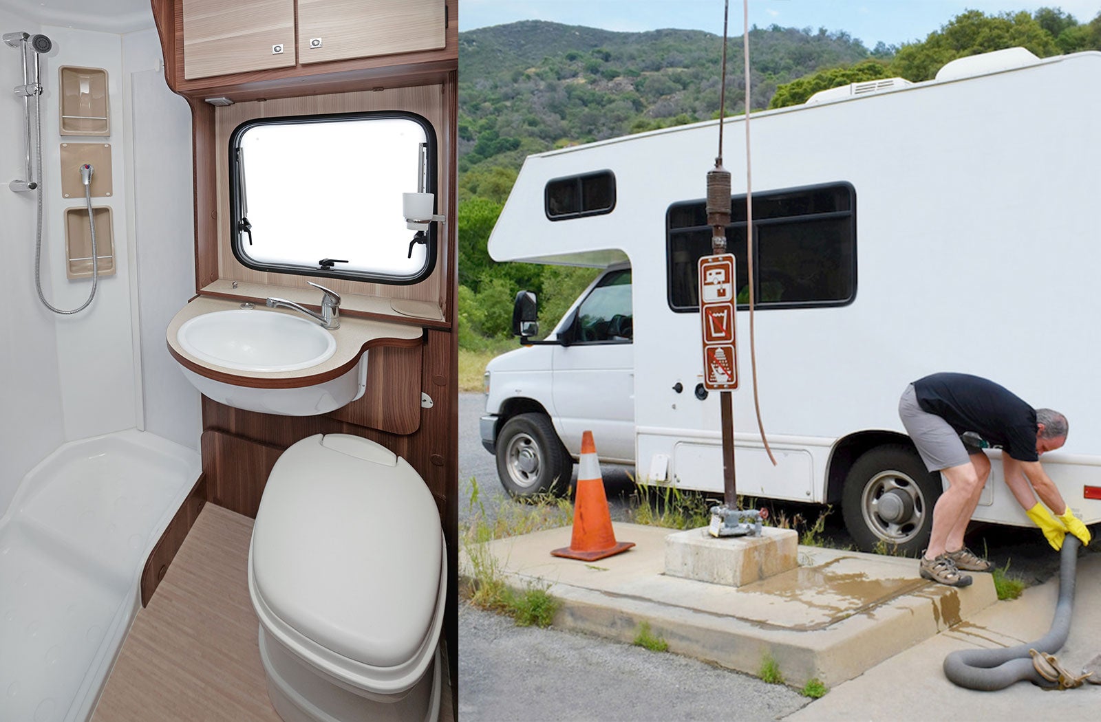 Portable RV/camper toilet and holding tank setup in San Diego, California